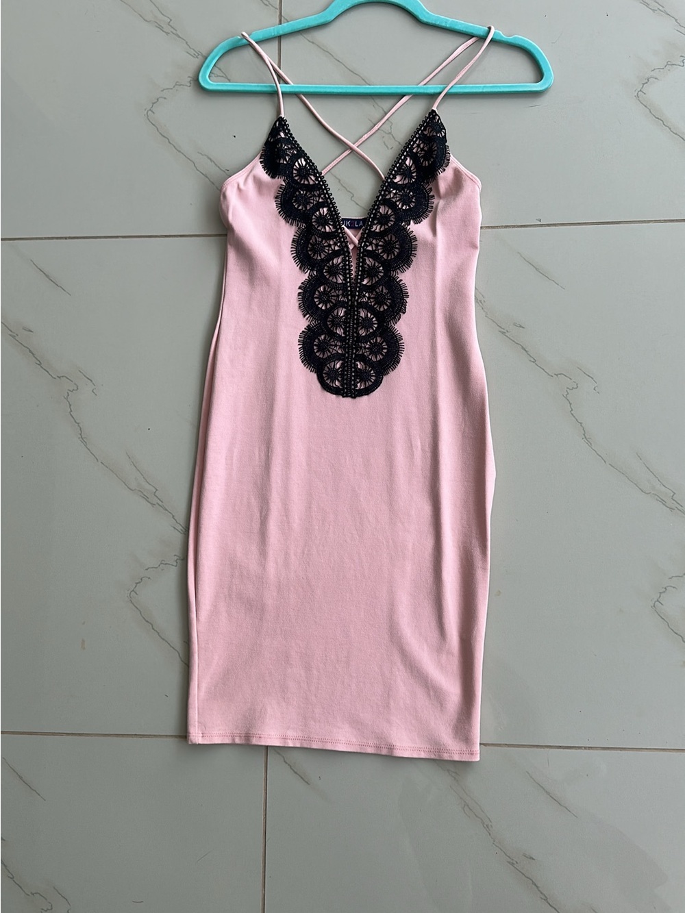 Pink Mini Slip Dress with Black Lace Trim